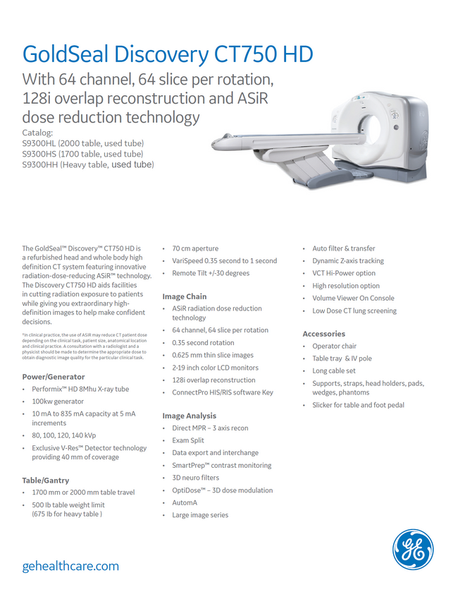 GE CT Discovery CT750 HD GT2000 64 Slice CT Scanner