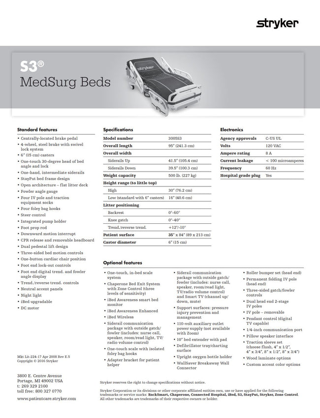 Stryker 3005-S3 Med-Surg Hospital Bed w/ StayPut Frame